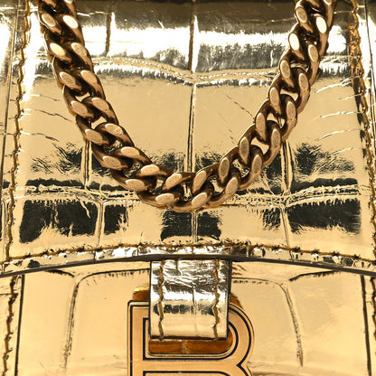 Balenciaga Metallic Calfskin Crocodile Embossed Hourglass Top Handle Bag Mini with Chain Gold 8 of 10