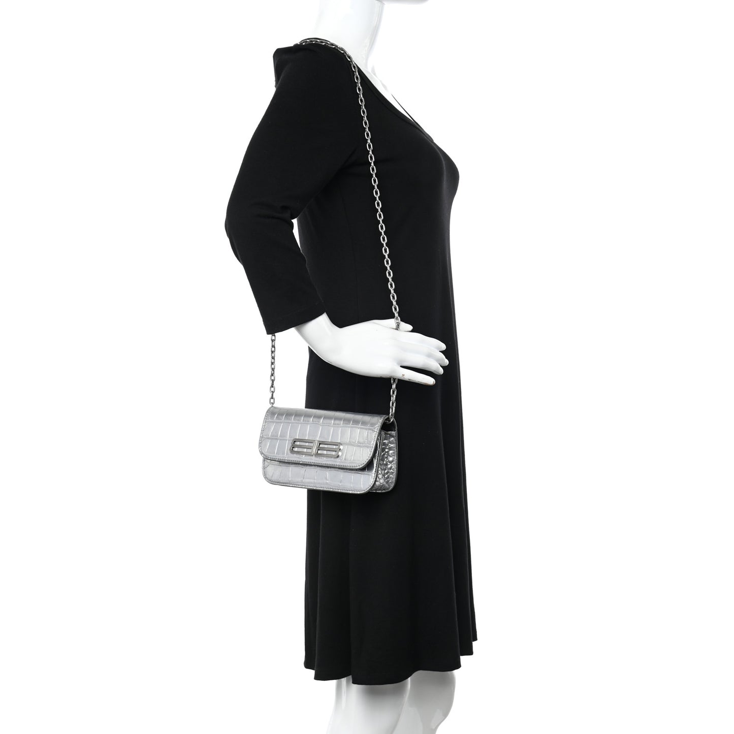 Metallic Extra Supple Calfskin Crocodile Embossed Gossip Wallet On Chain Silver
