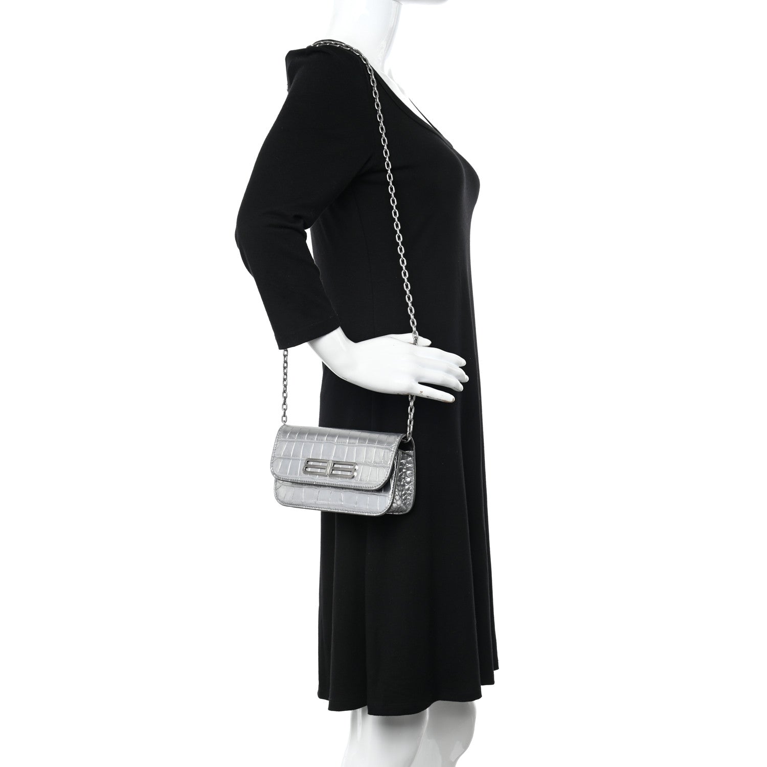 Balenciaga Metallic Extra Supple Calfskin Crocodile Embossed Gossip Wallet On Chain Silver 2 of 16