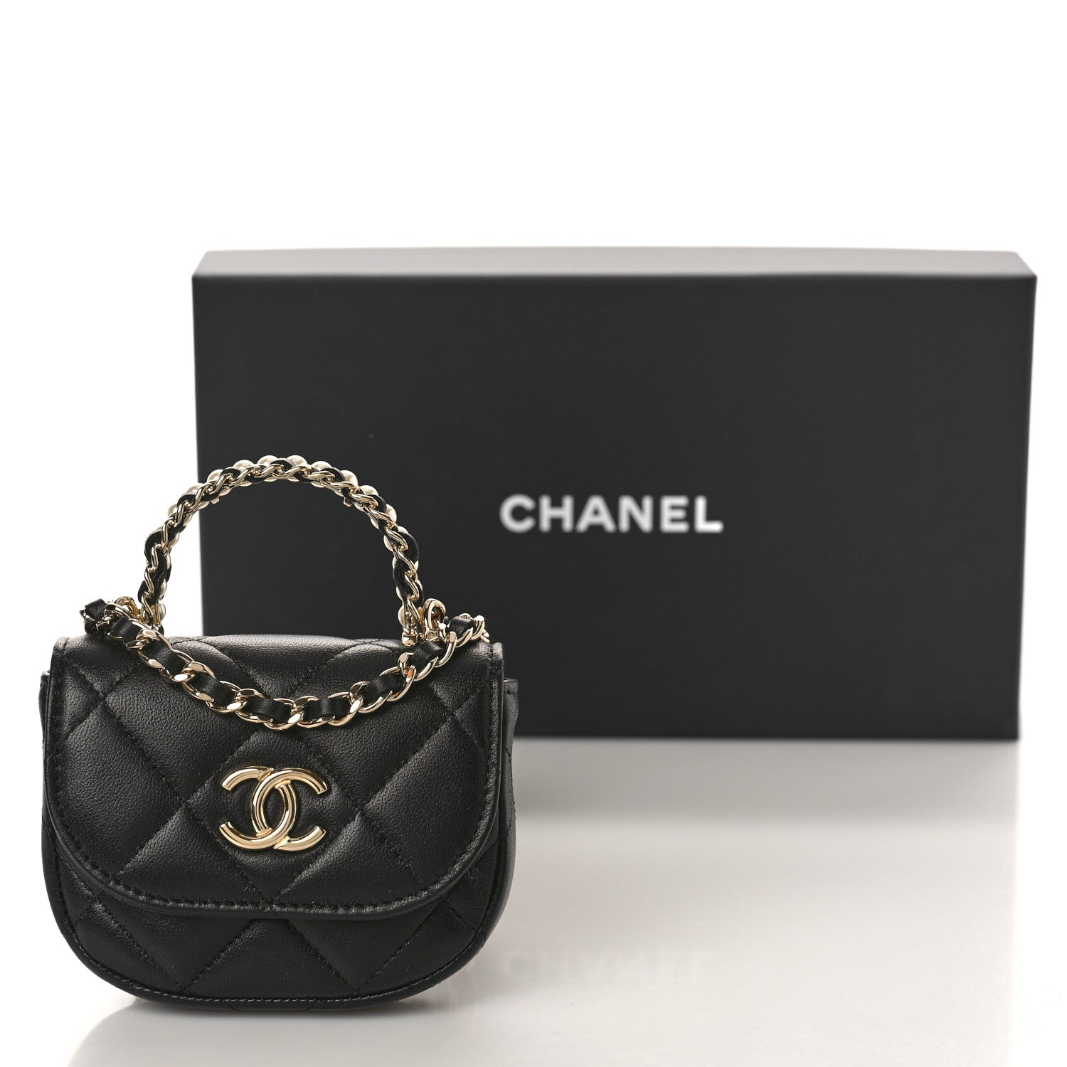 Chanel Lambskin Quilted Pearl Top Handle Clutch With Chain Black 11 of 11