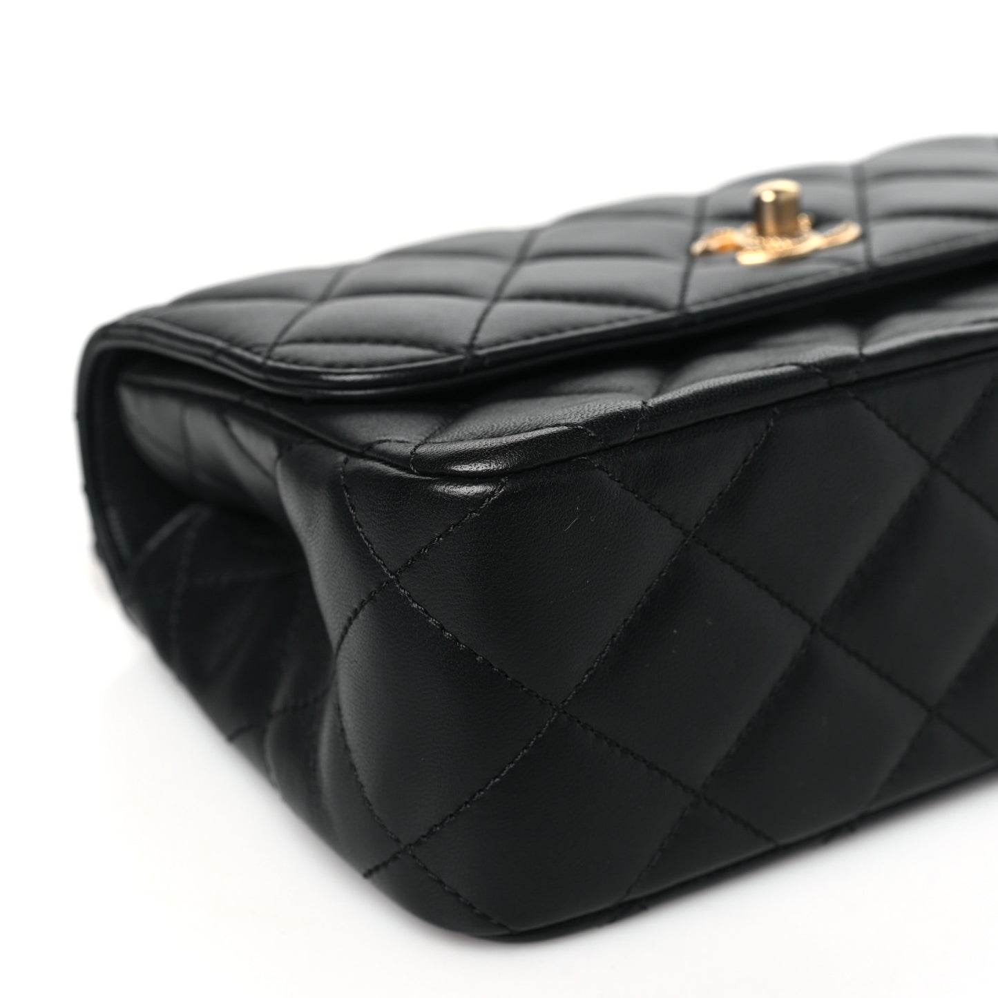 Lambskin Metal Quilted Twist Top Handle Flap With Chain Black