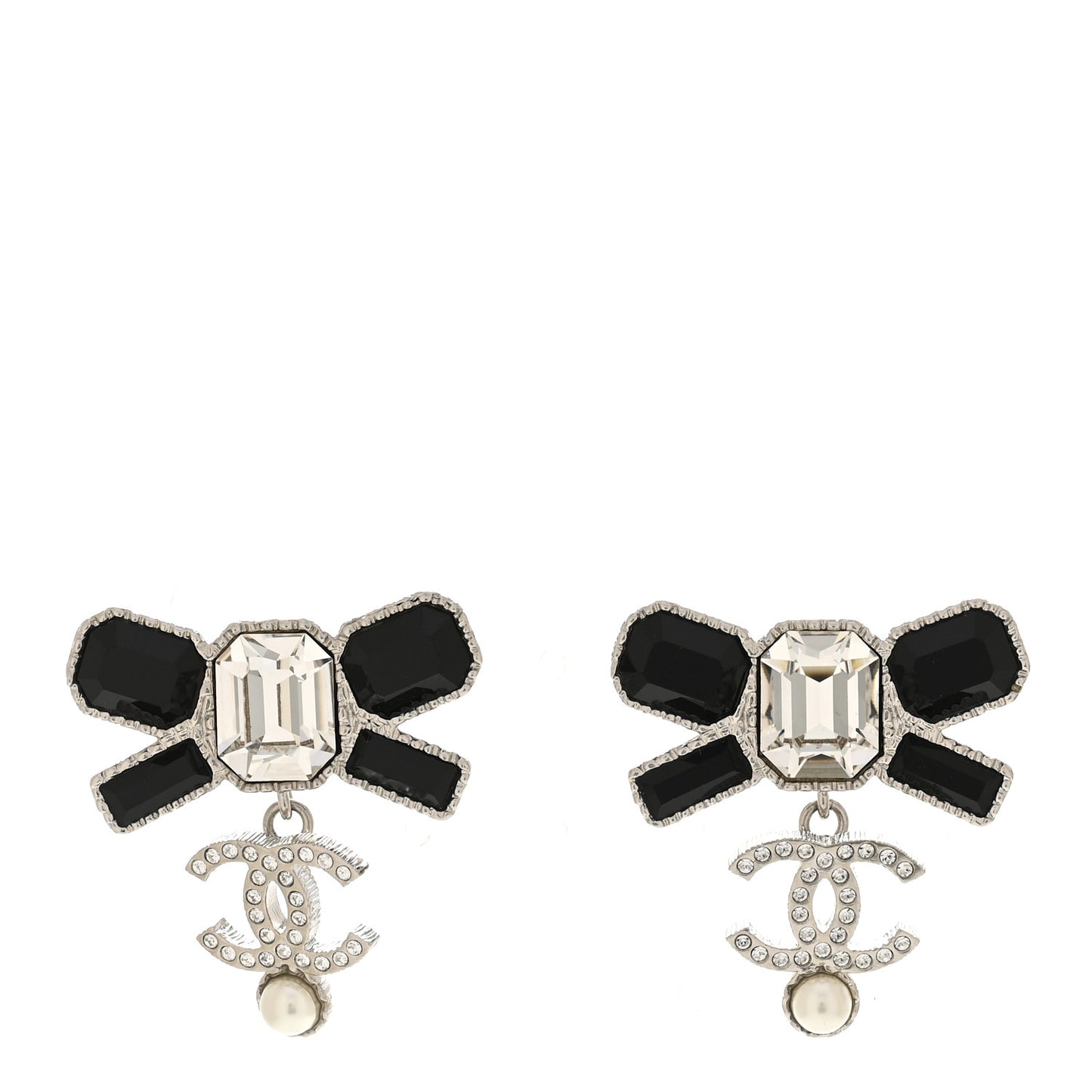 Crystal CC Bow Drop Earrings Silver Black