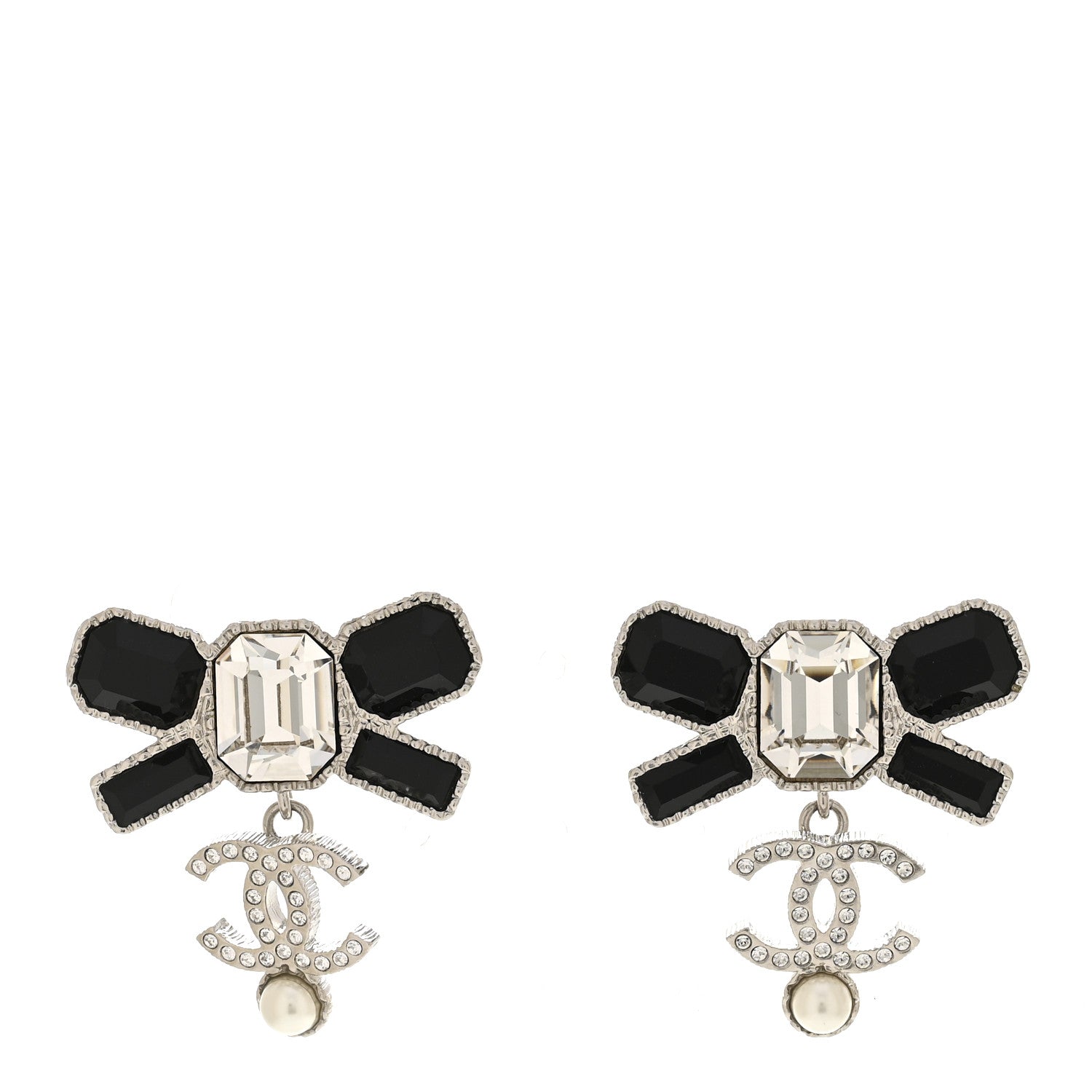 Chanel Crystal CC Bow Drop Earrings Silver Black 1 of 5