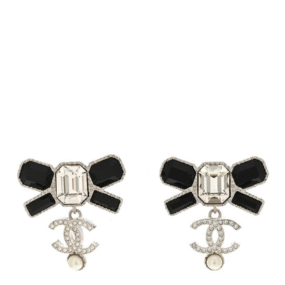 Chanel Crystal CC Bow Drop Earrings Silver Black 1 of 5