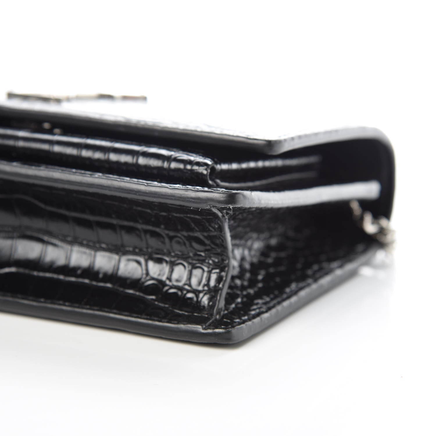 Saint Laurent Calfskin Crocodile Embossed Monogram Sunset Chain Wallet Black 11 of 12