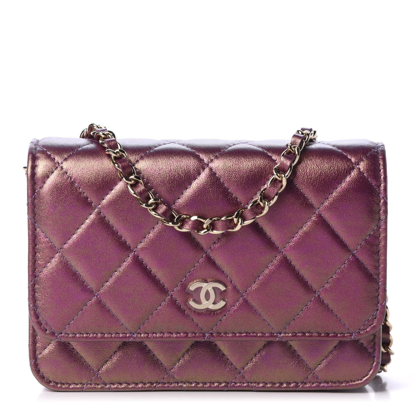 Iridescent Lambskin Quilted Mini Wallet On Chain WOC Purple