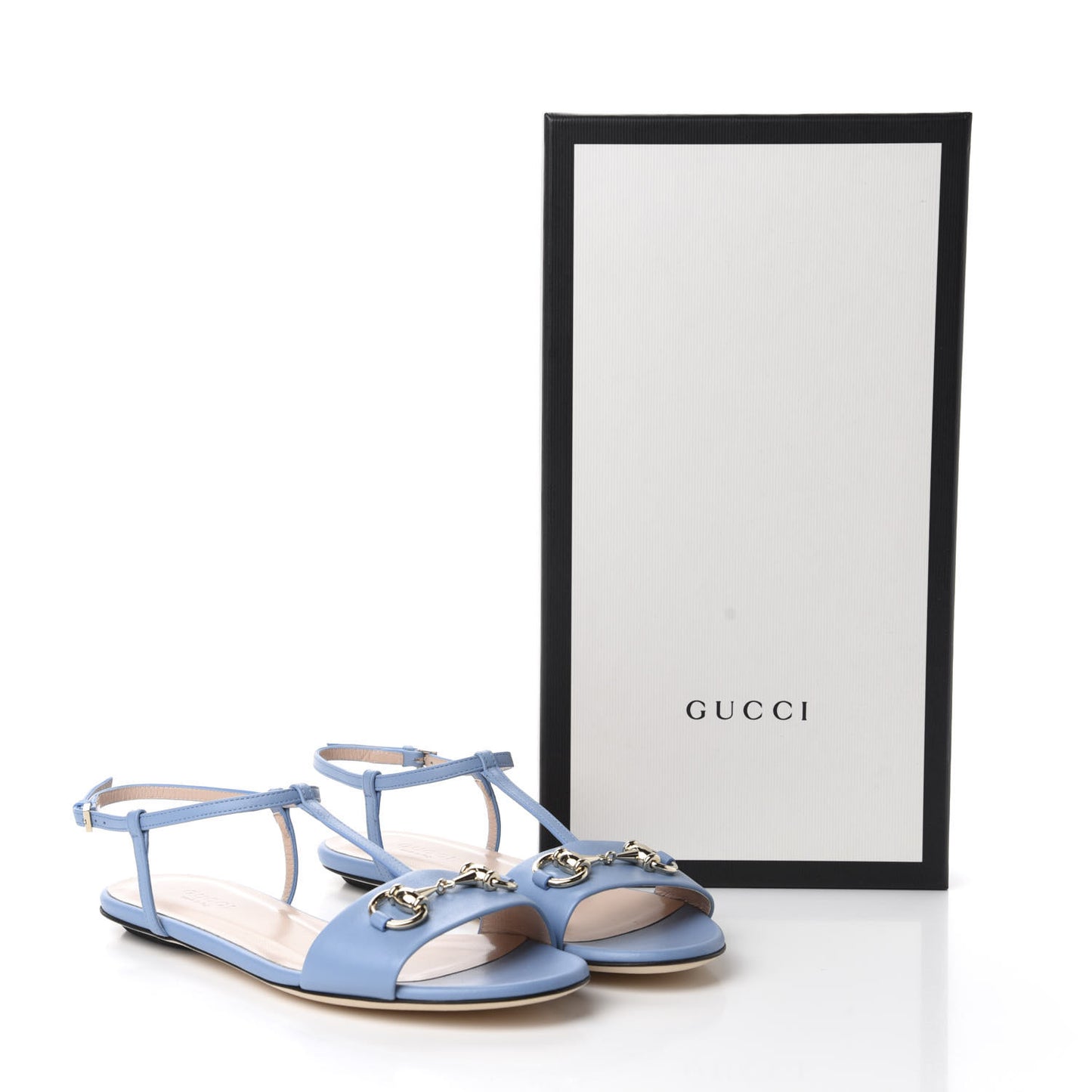 Calfskin Horsebit T-Strap Flat Sandals 35.5 Porcelain Light Blue