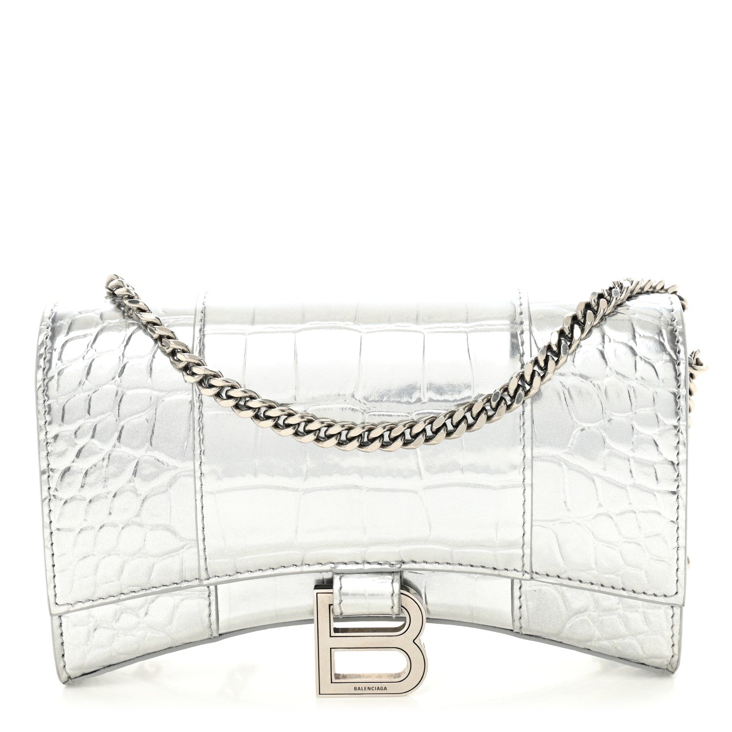 Balenciaga Metallic Calfskin Crocodile Embossed Hourglass Chain Bag Silver 1 of 9