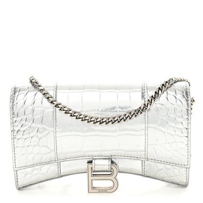 Balenciaga Metallic Calfskin Crocodile Embossed Hourglass Chain Bag Silver 1 of 9