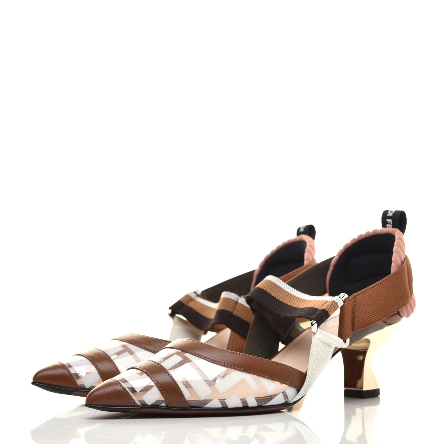 Fendi PVC Vitello FF Colibri 55mm Slingback Pumps 36.5 Transparent White Cuoio Avana 3 of 9