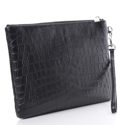 Saint Laurent Calfskin Crocodile Embossed Monogram Zip Pouch Black 3 of 10