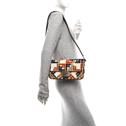 Fendi Canvas Vitello Seta FF Multicolor Embroidered Baguette Brandy Black 2 of 11