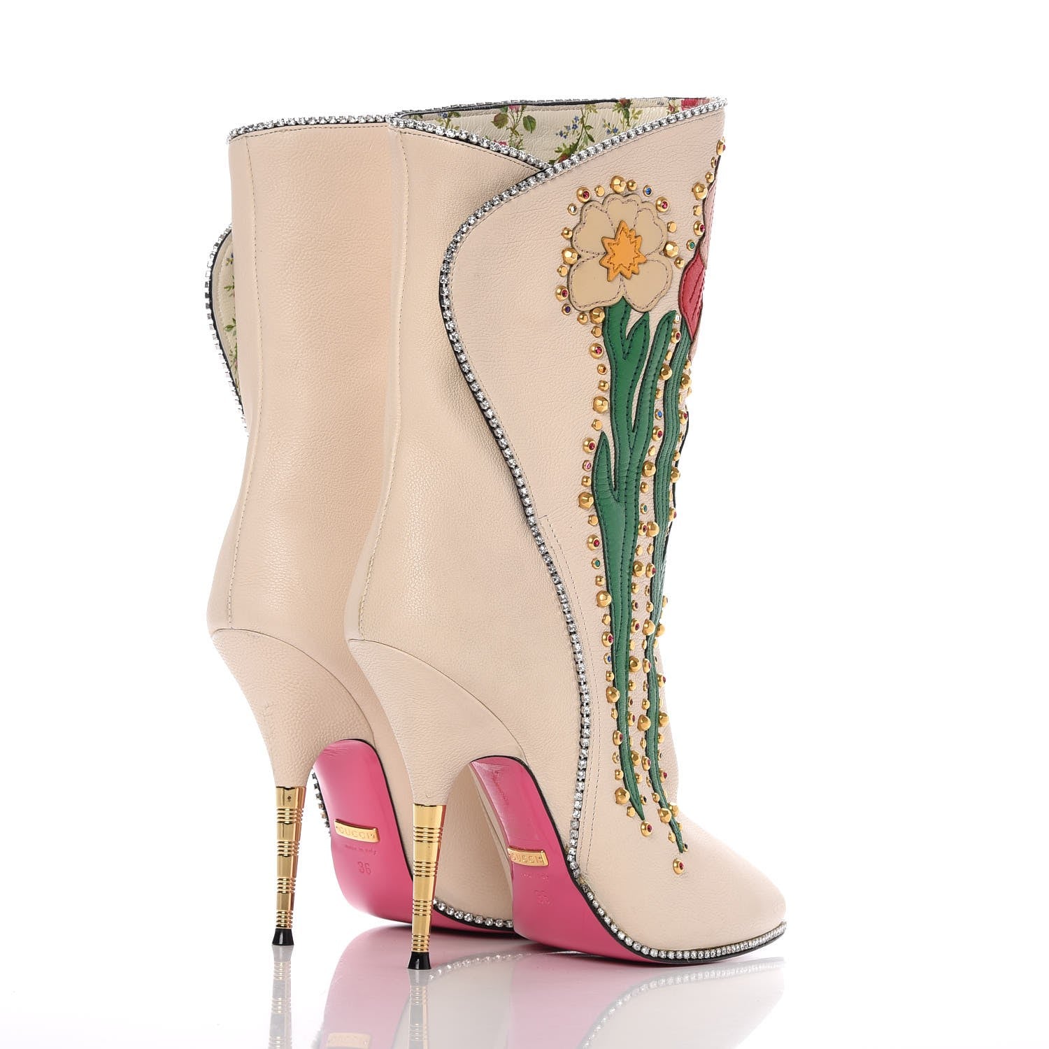 Gucci Calfskin Floral Crystal Embroidered Fosca Boots 36 Mystic White 4 of 14