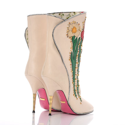 Gucci Calfskin Floral Crystal Embroidered Fosca Boots 36 Mystic White 4 of 14