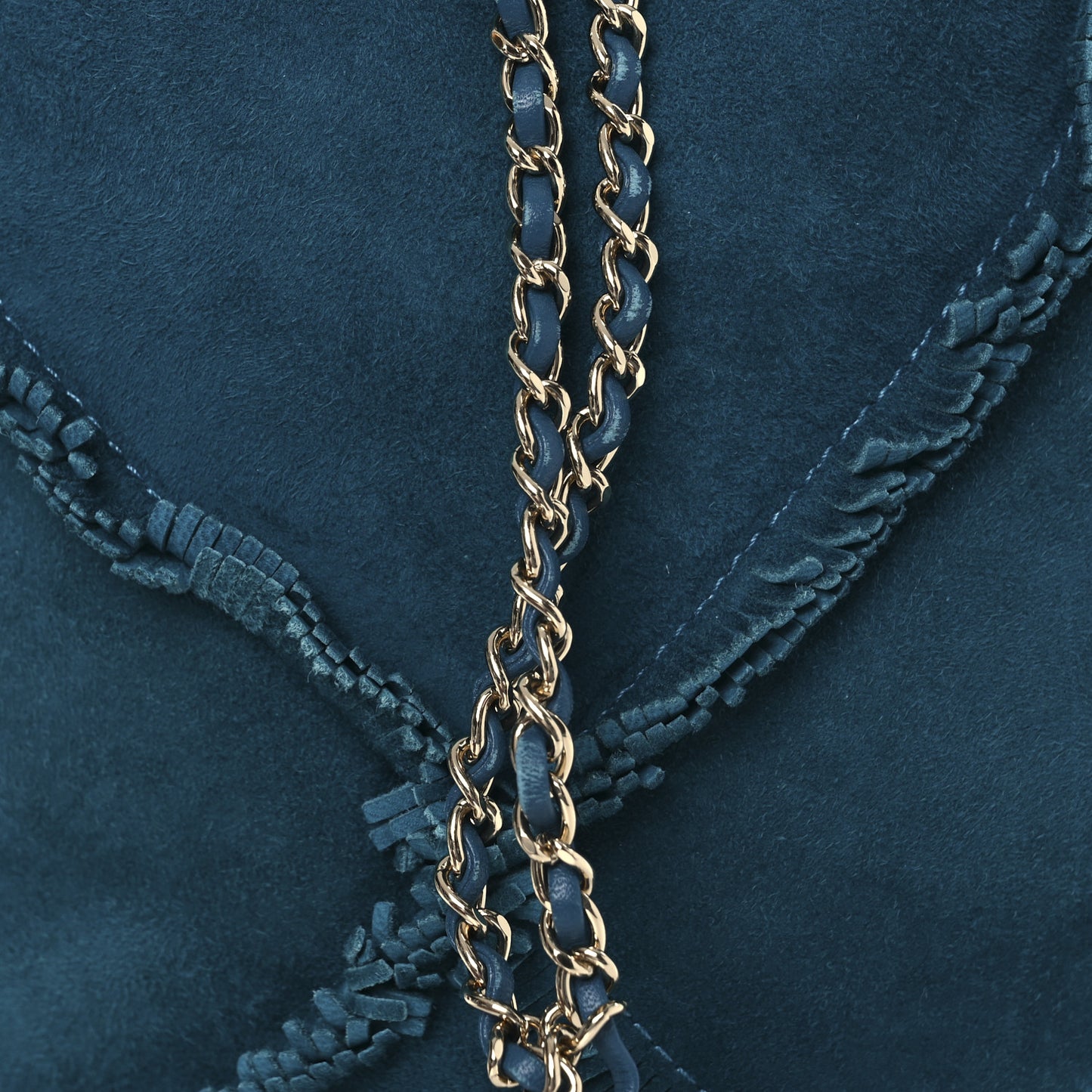 Suede Quilted Fringe CC Chain Bucket Drawstring Bag Blue