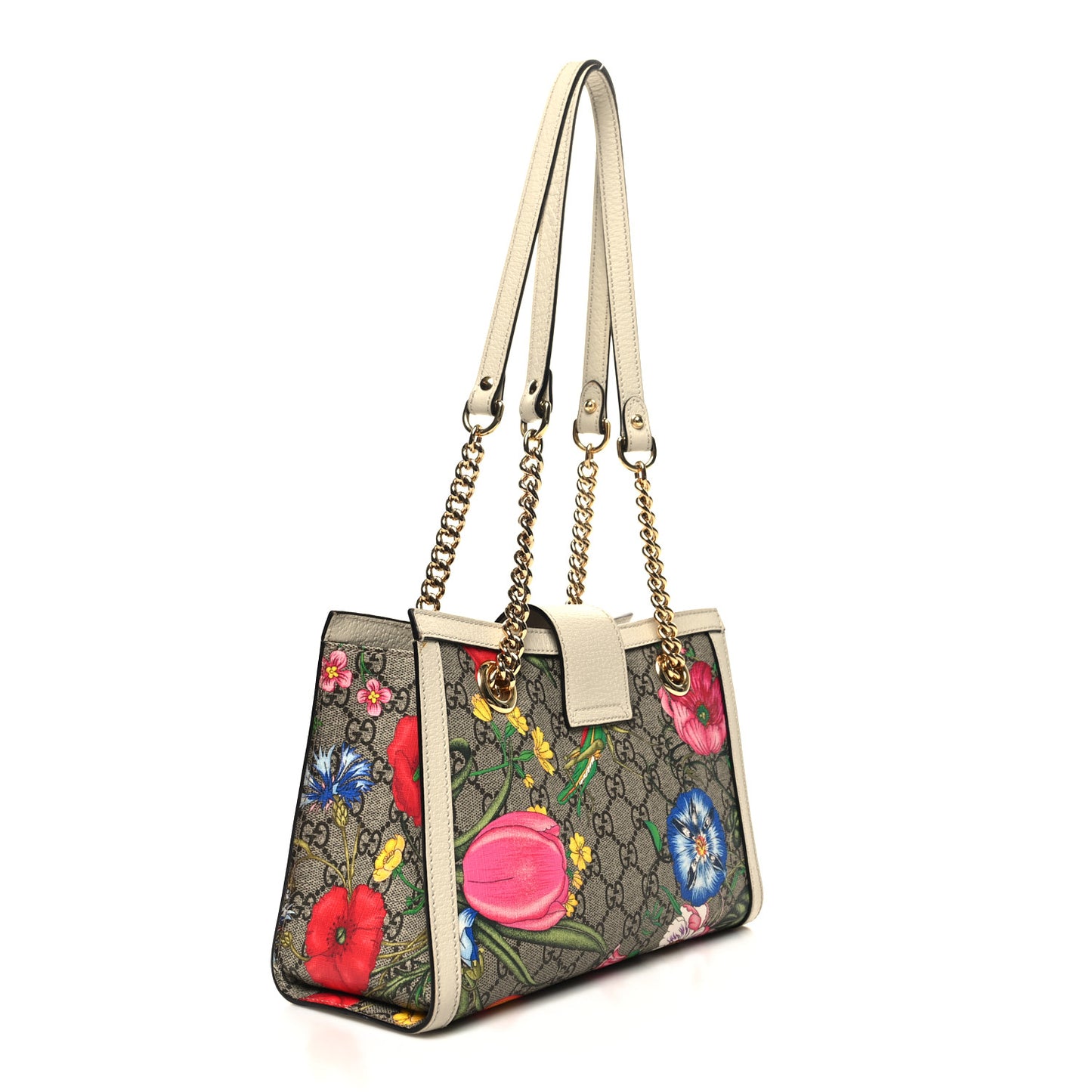GG Supreme Monogram Flora Textured Calfskin Small Padlock Tote Beige Ebony Multicolor Mystic White