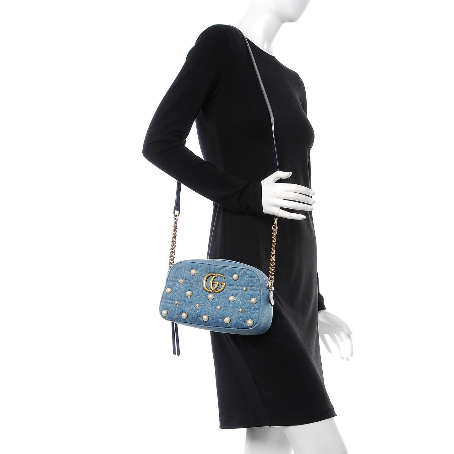 Denim Matelasse Pearl Studded Small GG Marmont Chain Shoulder Bag Blue