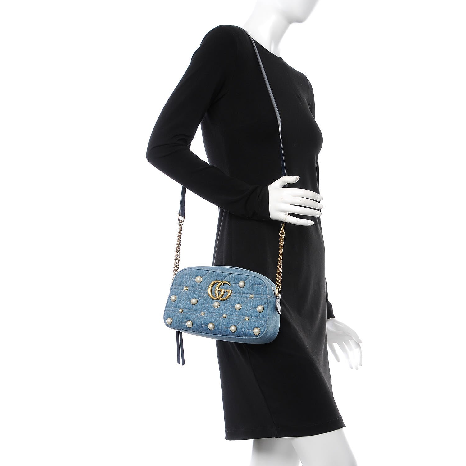 Gucci Denim Matelasse Pearl Studded Small GG Marmont Chain Shoulder Bag Blue 2 of 8