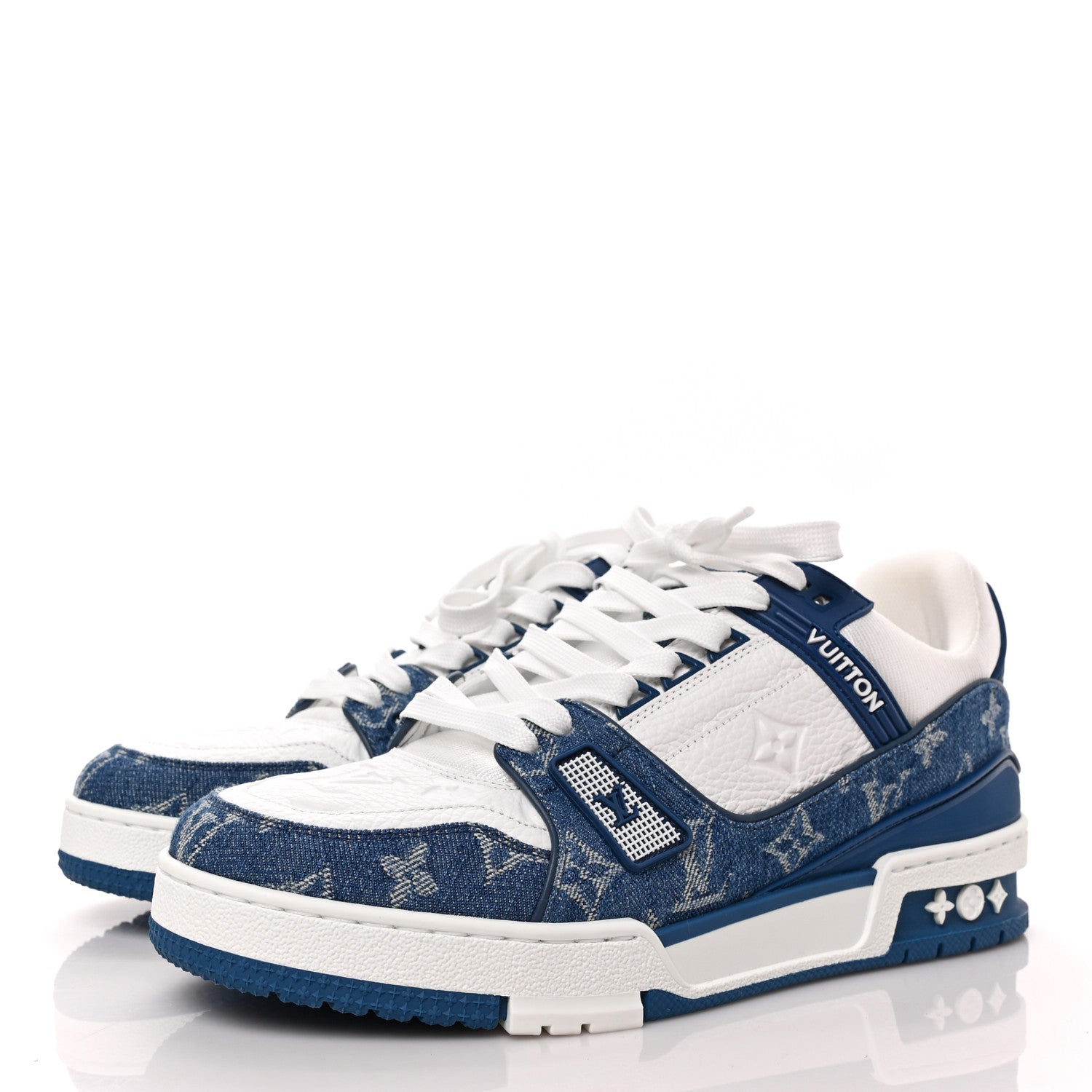 Louis Vuitton Calfskin Embossed Monogram Denim Mens LV Trainer Sneakers 6.5 Blue 3 of 8