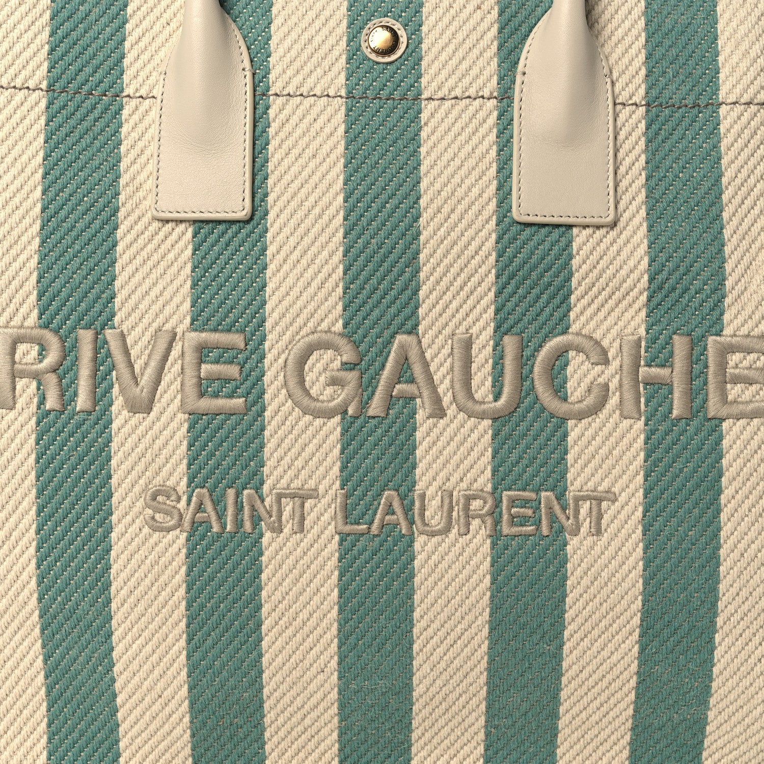 Saint Laurent Cotton Linen Calfskin Striped Rive Gauche Tote Water Green 8 of 10