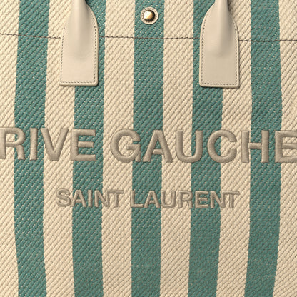 Saint Laurent Cotton Linen Calfskin Striped Rive Gauche Tote Water Green 8 of 10