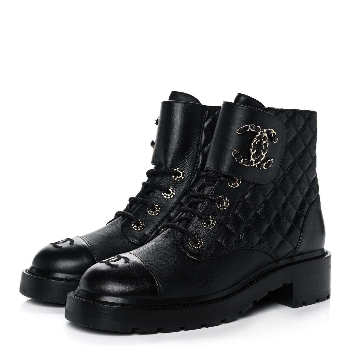 Shiny Goatskin Calfskin Quilted Lace Up Combat Boots 40 Black