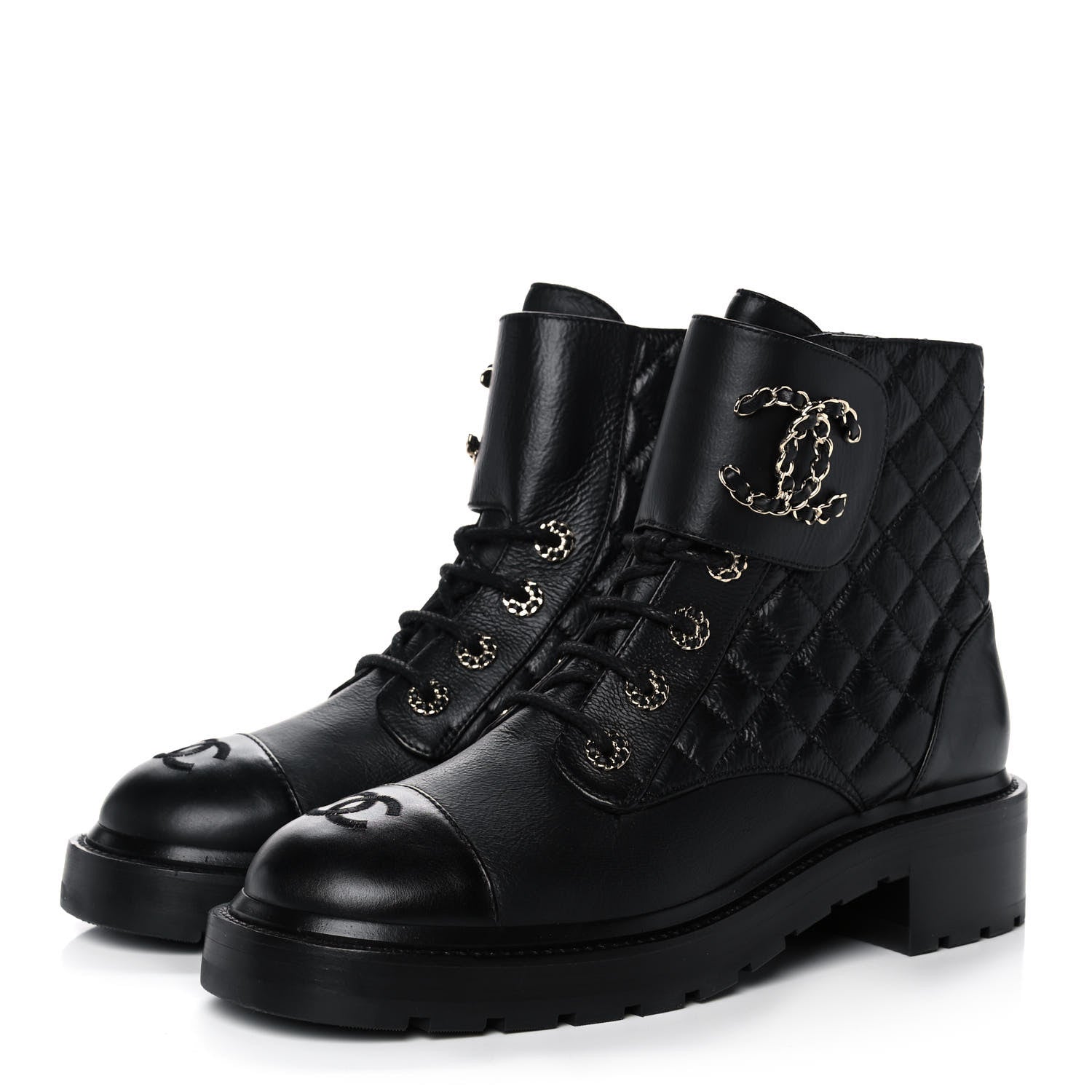 Chanel Shiny Goatskin Calfskin Quilted Lace Up Combat Boots 40 Black 6 of 20