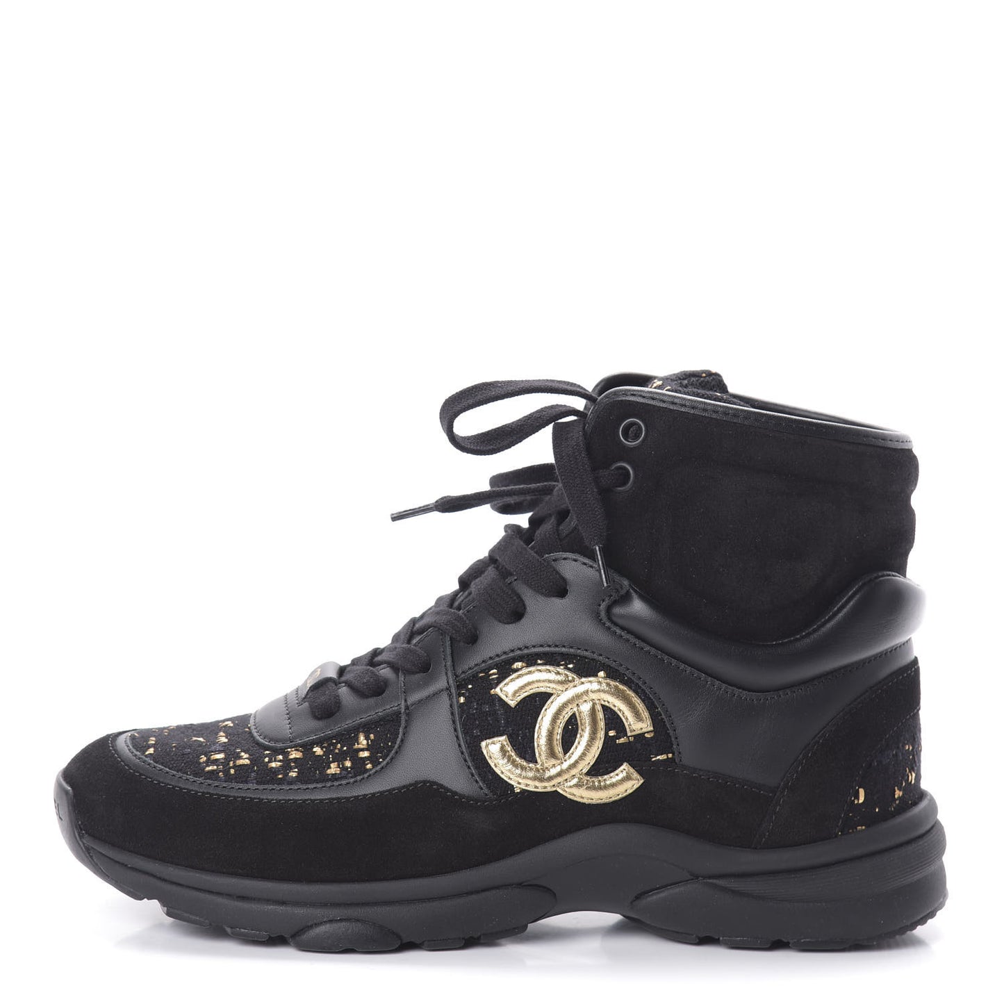 Velour Tweed CC High Top Sneakers 37.5 Black Gold
