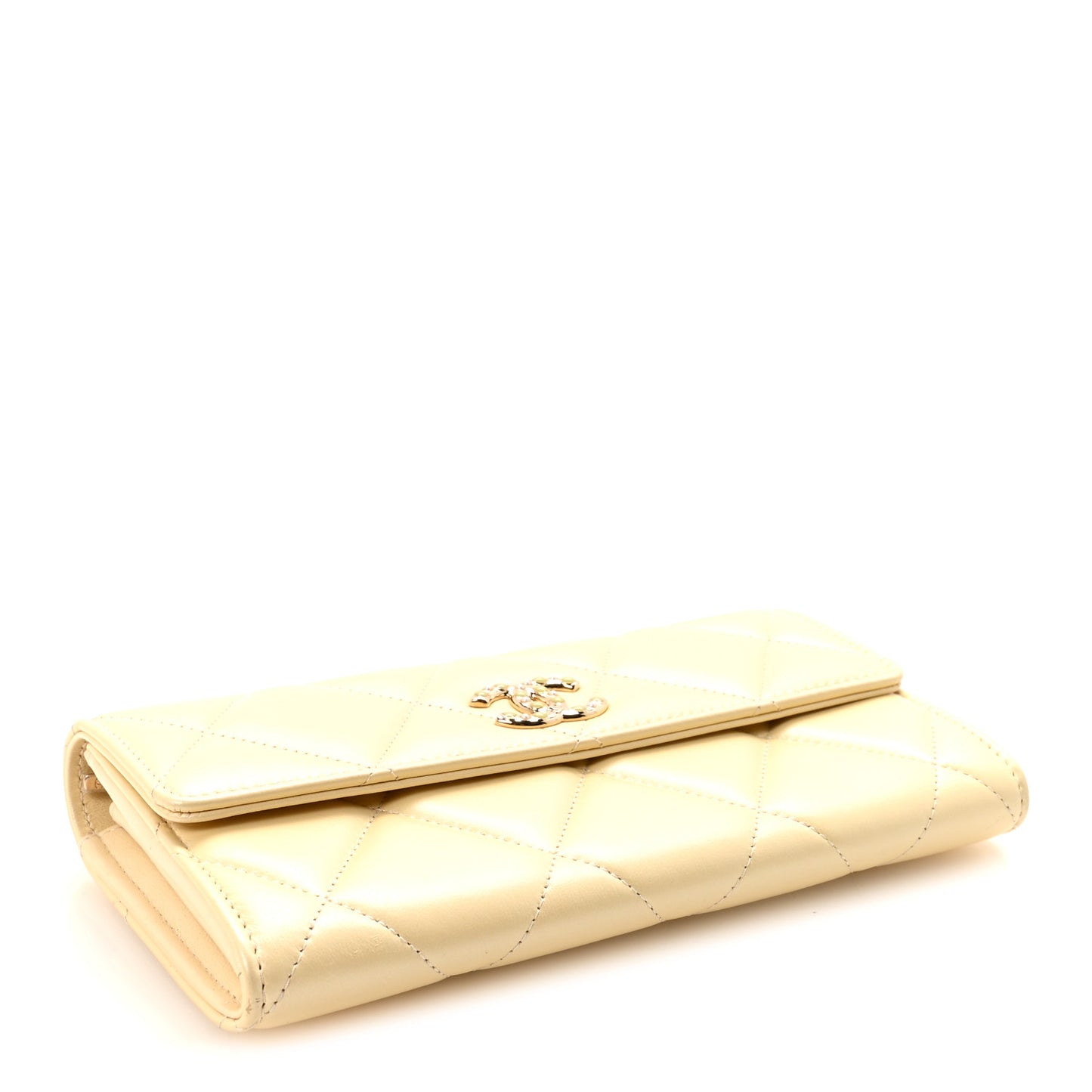 Iridescent Lambskin Quilted CC Flap Wallet Beige