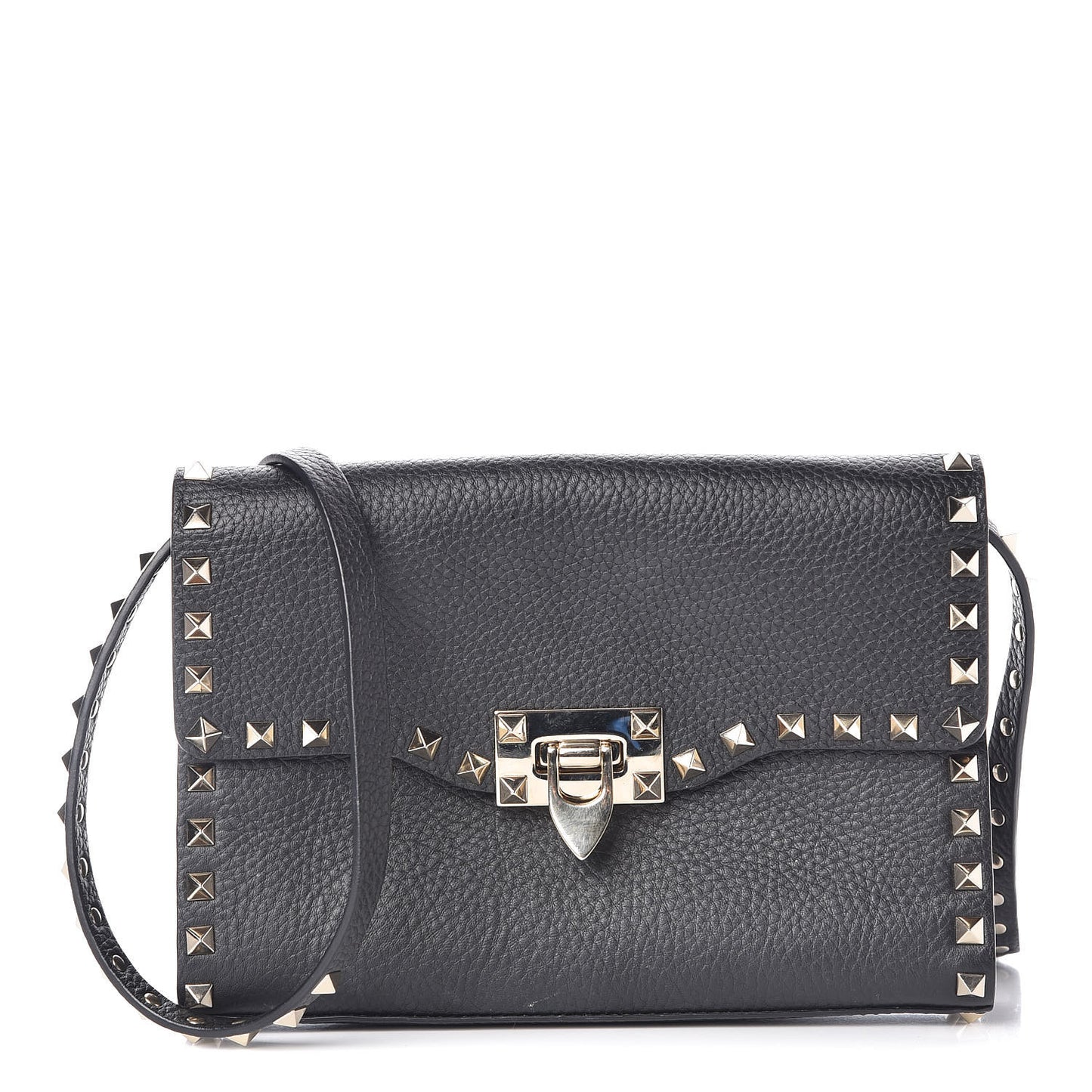 Pebbled Calfskin Medium Rockstud Flip Lock Crossbody Bag Black