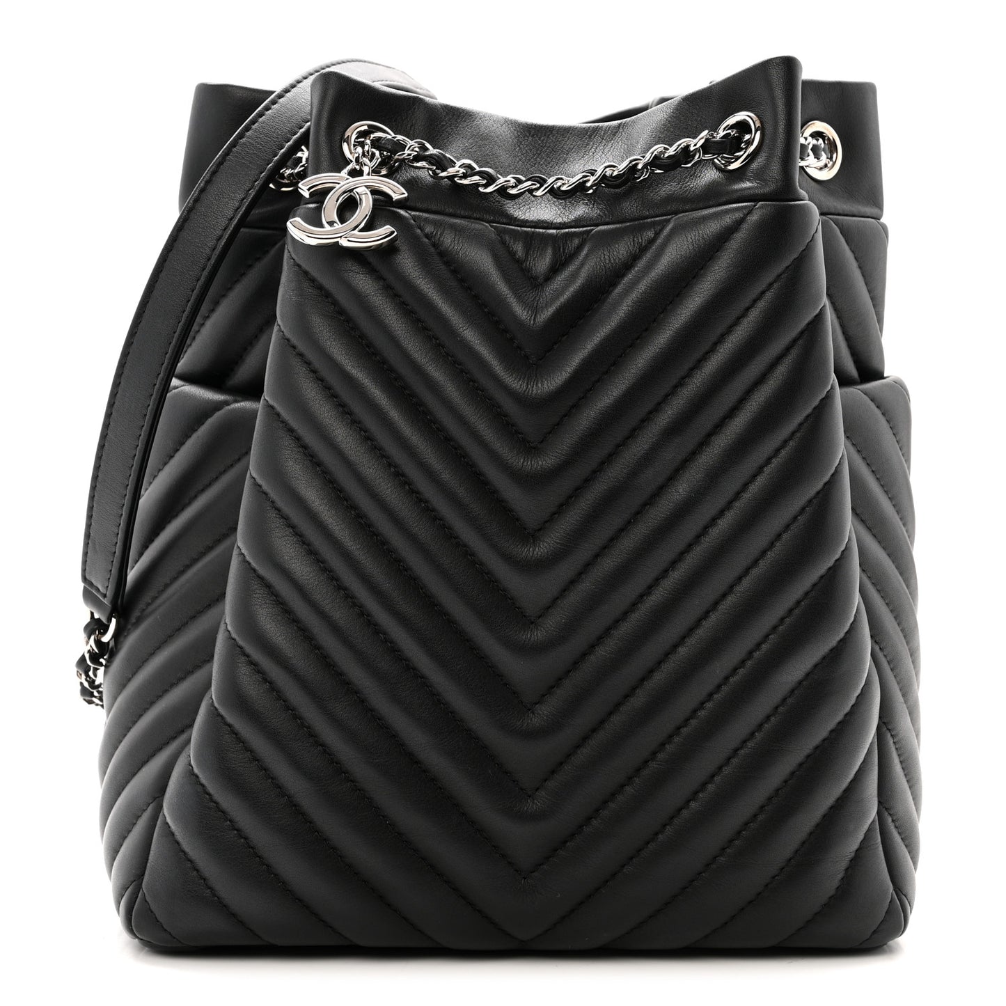 Lambskin Chevron Small Urban Spirit Drawstring Bag Black