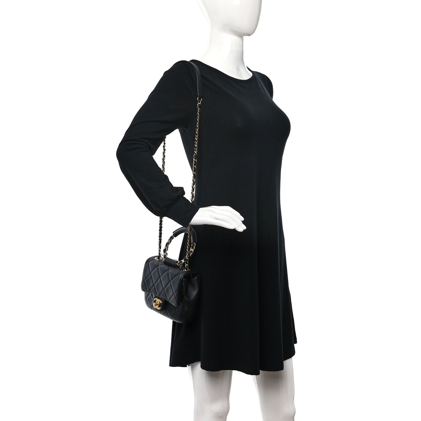 Lambskin Quilted Small Circular Handle Bag Black