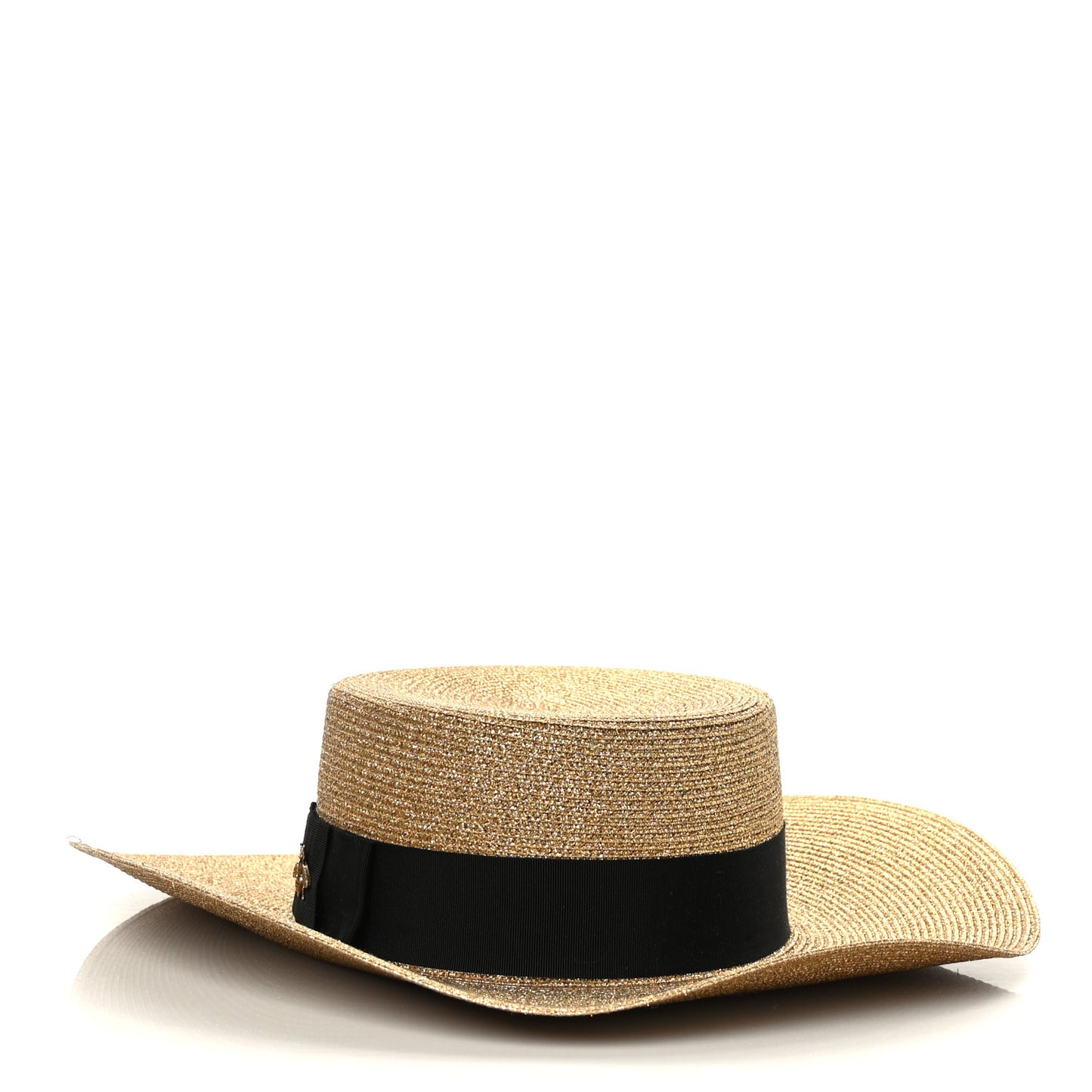Glittered Straw Grosgrain Wide Brim Hat XL Gold Black