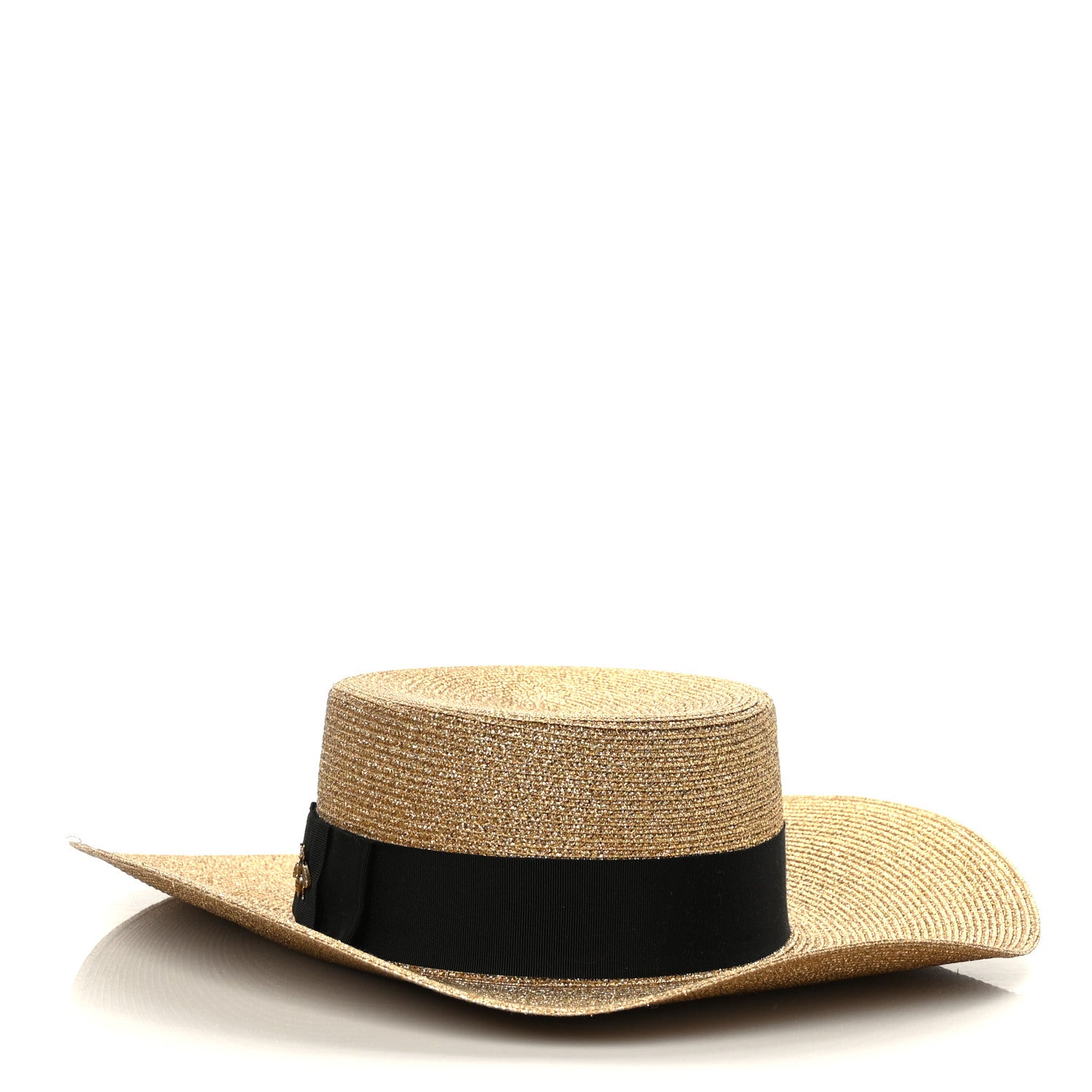 Gucci Glittered Straw Grosgrain Wide Brim Hat XL Gold Black 3 of 8