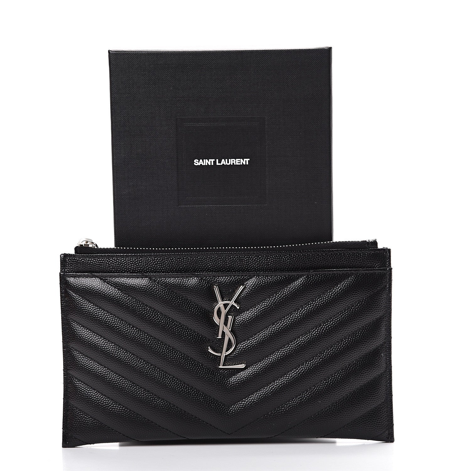 Saint Laurent Grain De Poudre Chevron Monogram Bill Pouch Black 7 of 7
