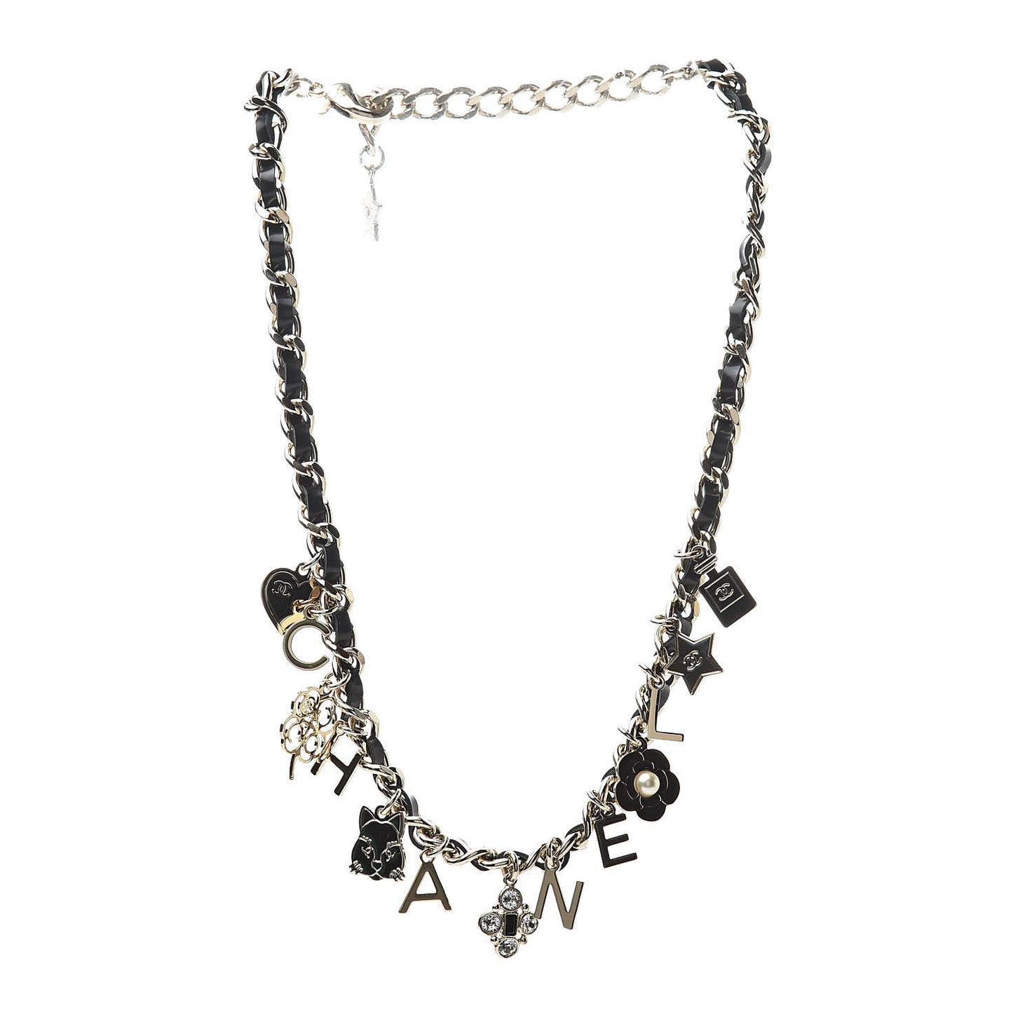 Lambskin Crystal CC Logo Charming Necklace Gold Black
