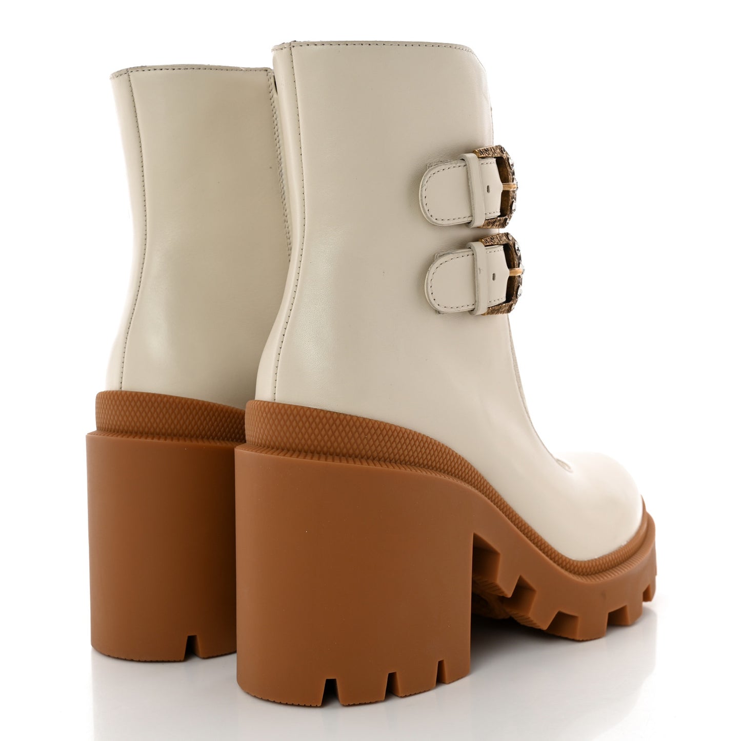 Kensington Calfskin Nappa GG Supreme Monogram Womens Double Buckle Ankle Boots 37 Mystic White Beige