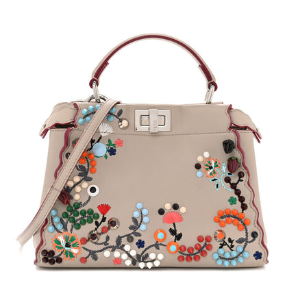 Fendi Nappa Embroidered Flower Scalloped Mini Peekaboo Iconic Satchel Grigio Polvere 1 of 20