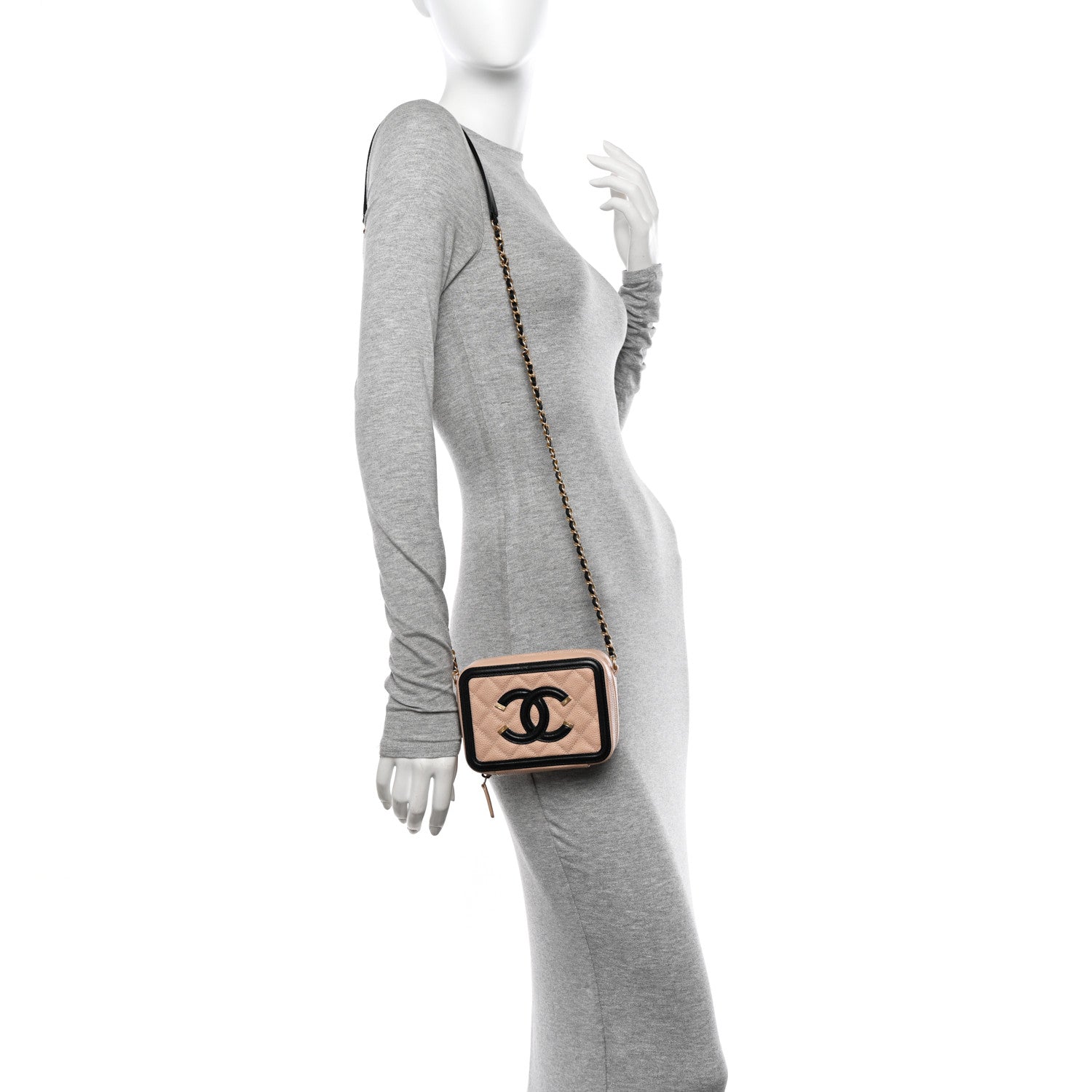 Chanel Caviar Quilted CC Filigree Vanity Clutch With Chain Beige Black 2 of 13