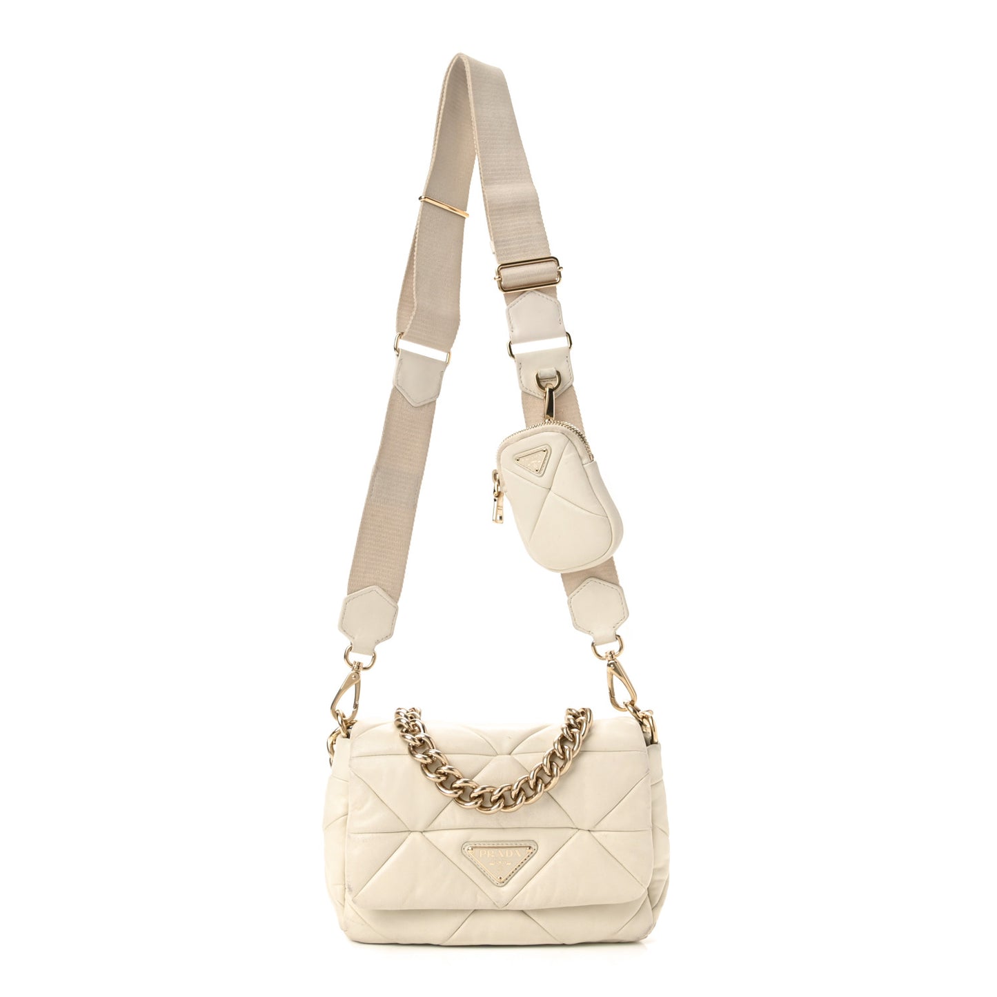Nappa Re-Nylon Triangle Quilted Patchwork System Flap Shoulder Bag White