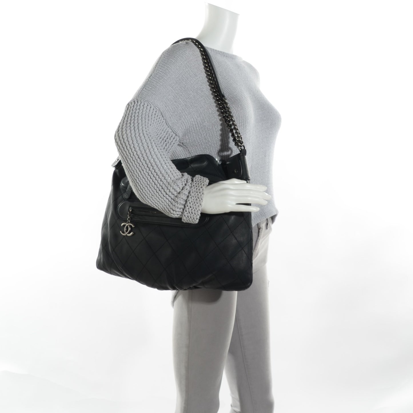 Calfskin Stitched Double Zip Hobo Black