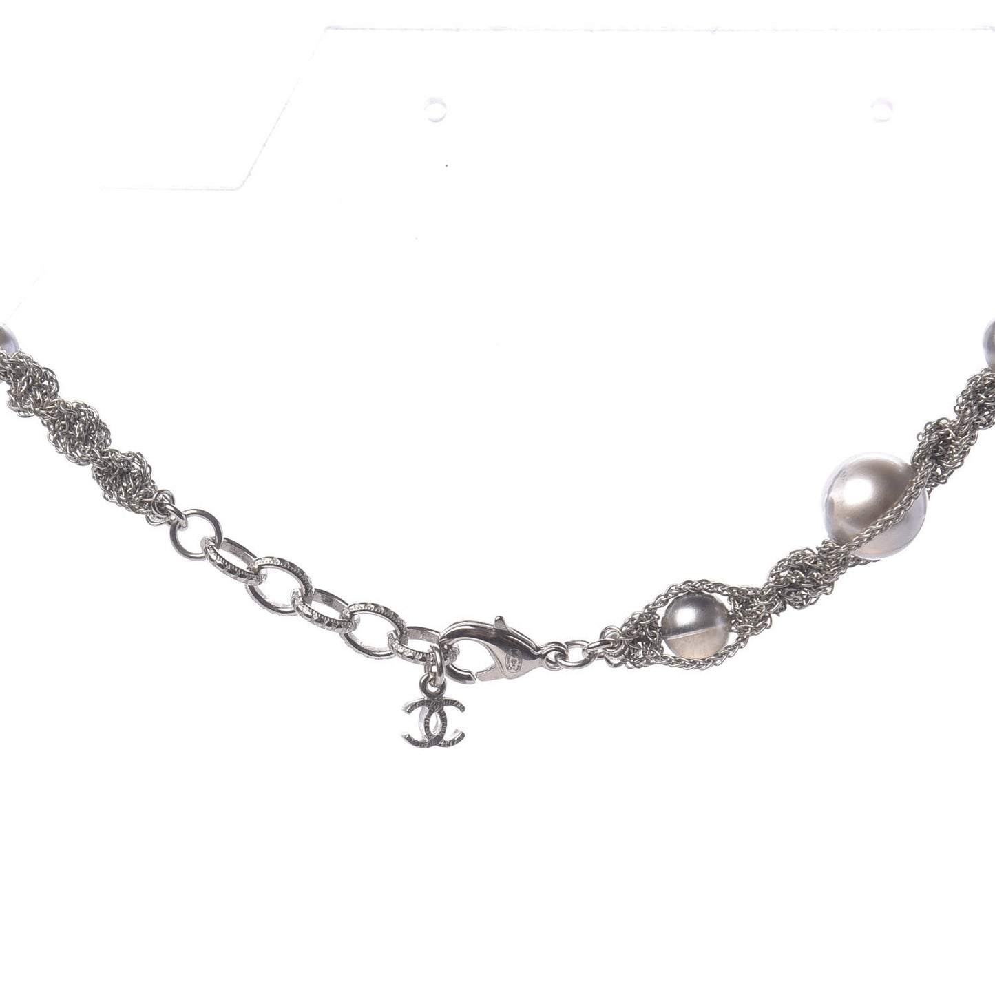 Pearl Bead CC Long Necklace Silver Grey