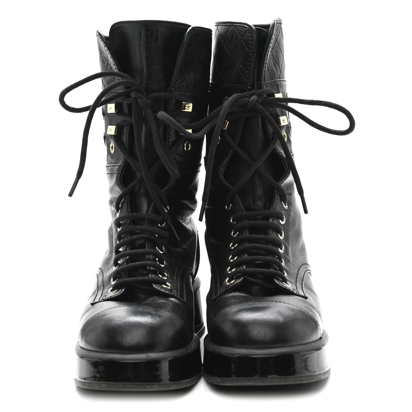 Lambskin Patent Calfskin Quilted CC Lace Up Combat Boots 37 Black