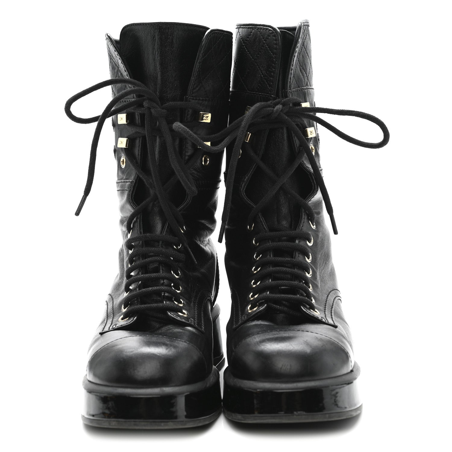 Chanel Lambskin Patent Calfskin Quilted CC Lace Up Combat Boots 37 Black 3 of 9
