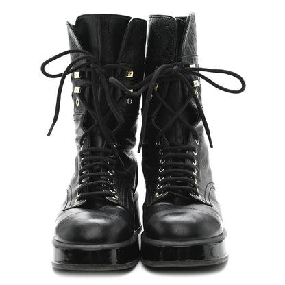 Chanel Lambskin Patent Calfskin Quilted CC Lace Up Combat Boots 37 Black 3 of 9