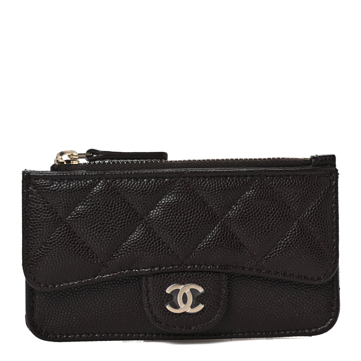 Caviar Quilted Flap Zip Card Holder Dark Brown