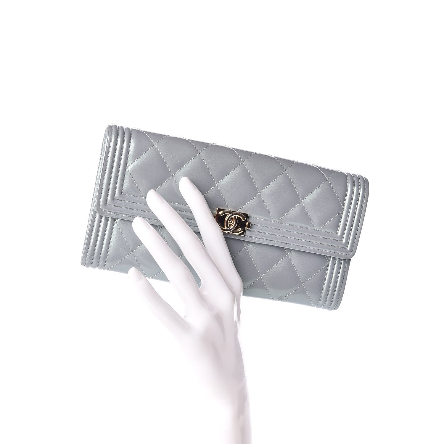 Chanel Metallic Patent Calfskin Quilted Boy Flat Wallet Light Blue 2 of 10