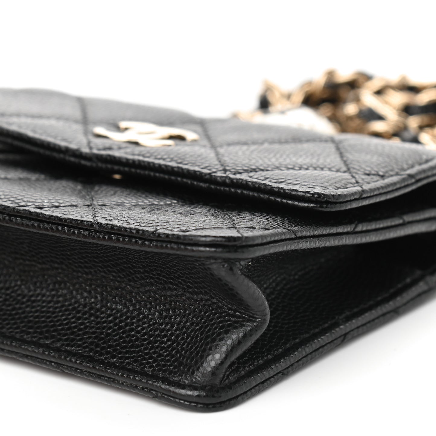 Caviar Quilted Pearl Card Holder On Chain Black