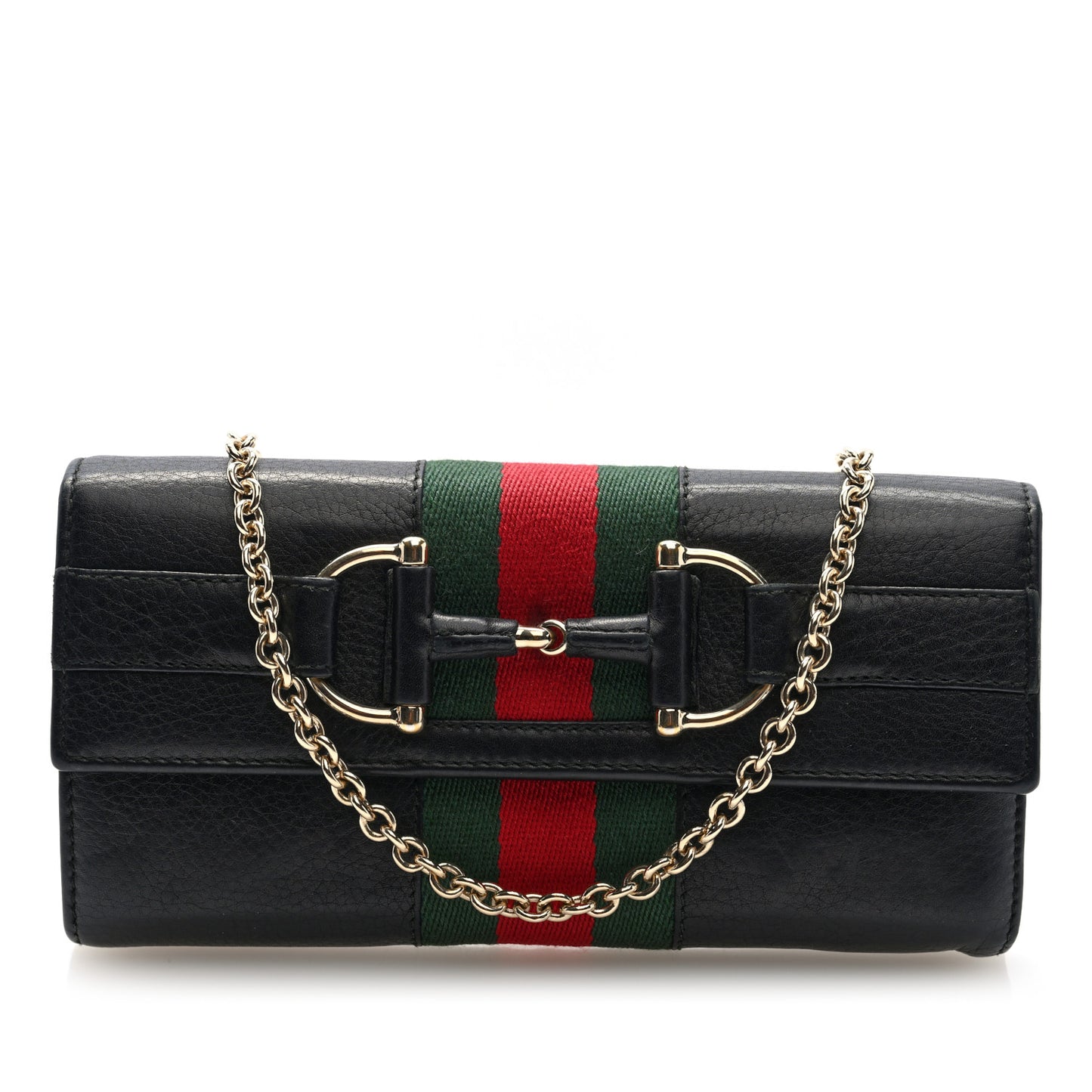 Calfskin Web Horsebit Chain Clutch Wallet Black