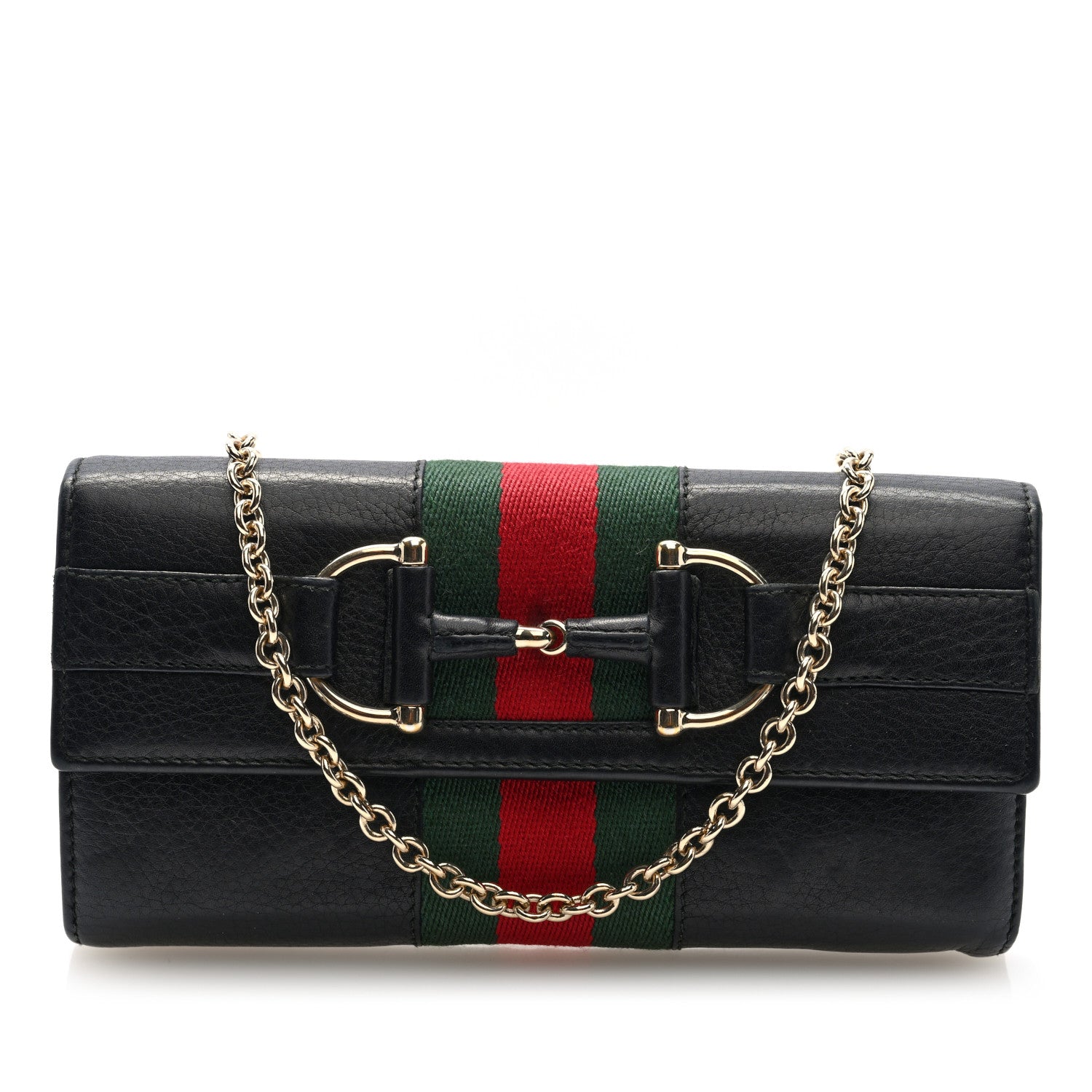 Gucci Calfskin Web Horsebit Chain Clutch Wallet Black 1 of 9